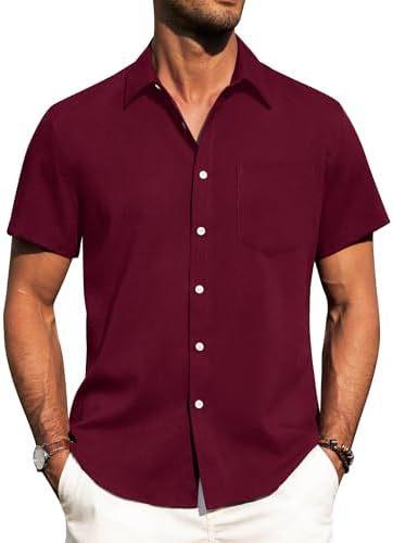 Alimens & Gentle Men's Linen Shirt Short Sleeve Button Up Shirt Wrinkle Free Casual Vacation Beach Summer