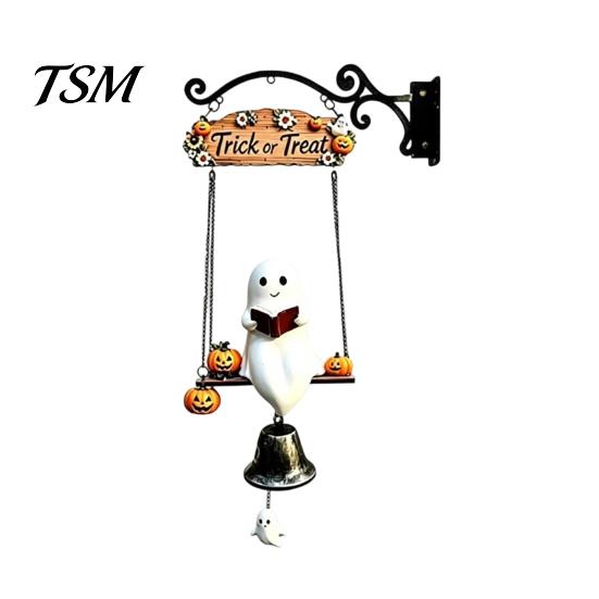 Decorative Holiday Door Sign Ghost Wind Chime Wall Hanging, Halloween Porch Yard Decor with Resin Metal Bell, Rustic Bell Vintage Farmhouse