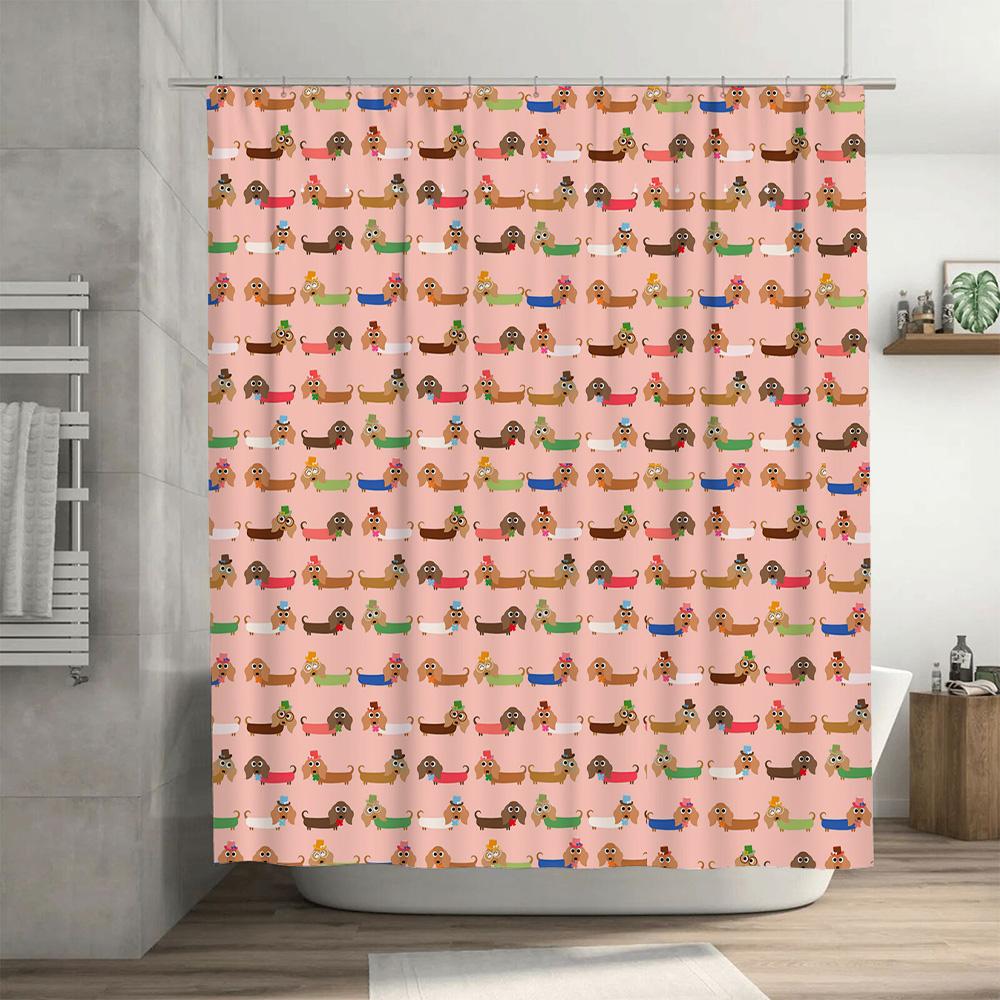 Pet Shower Curtain Adorable Dog Pattern Bathroom Decor for Kids Bathrooms Waterproof Fabric Curtains for Home Decoration (Pink)