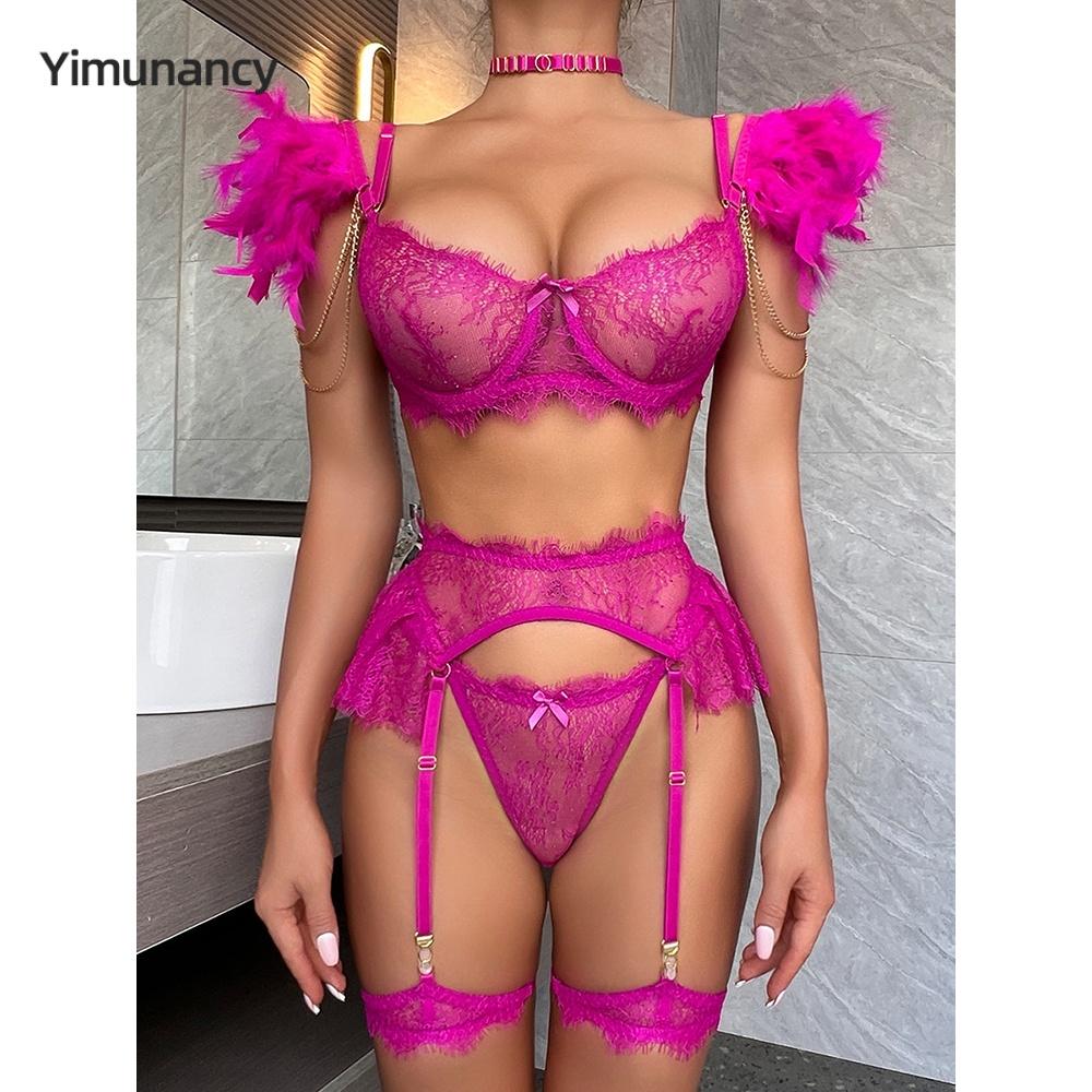 Yimunancy Feathers Lace Lingerie Set Women 5-Piece Choker Bra + Brief Underwear Set Transparent Sexy Erotic Intimates