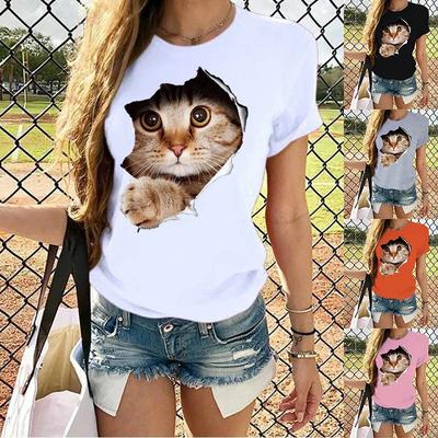 Fashion Funny Cat Printed T-shirts Women Summer Casual Short Sleeved T-shirts Round Neck Tops