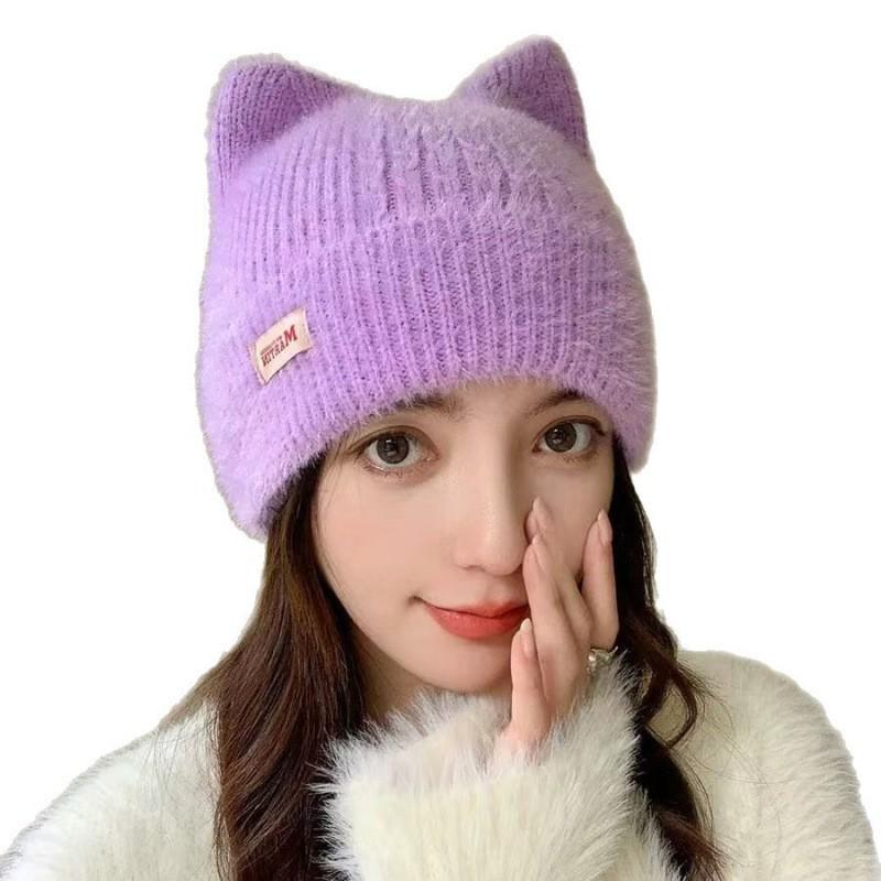 Damen Oversized Strickmütze mit Katzenohren Warme Wintermütze Tägliche Kleidung für Studenten