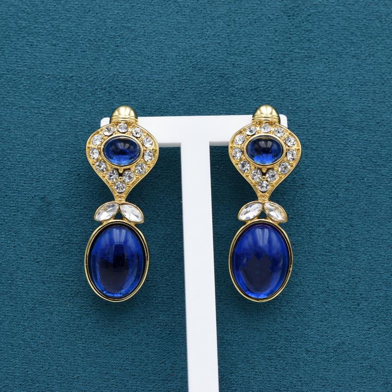 Vintage Blue Gemstone Gold-Plated Geometric Stud Earrings