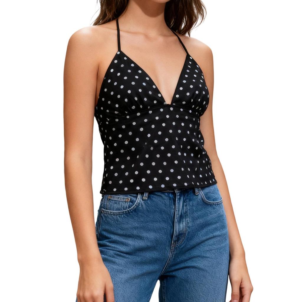 European & American Style Spaghetti Strap Polka Dot Lace-Up Halter Tank Top - Sexy, Slimming, Short Style for Women (2025)