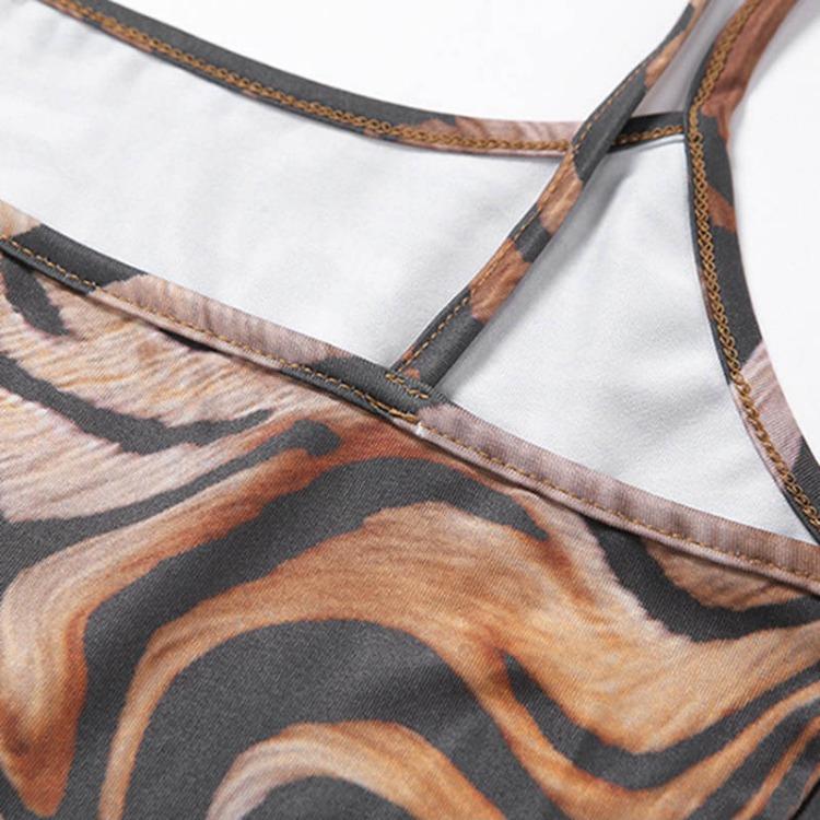 Sexy Women Summer Dress Spaghetti Strap Slash Neck Slim Tiger Print Khaki Split Side Lady Dress