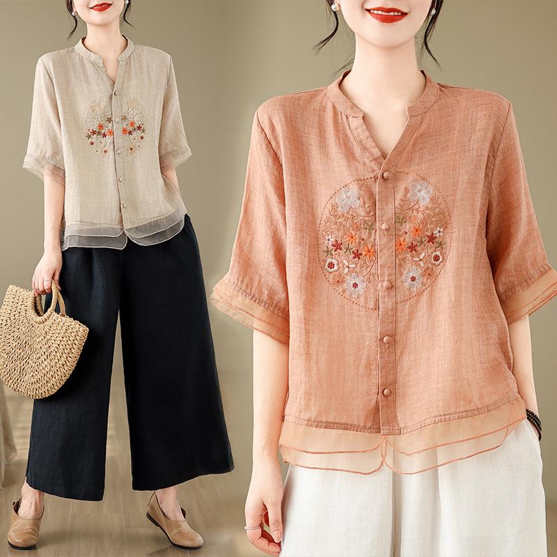 Retro Embroidered Organza Patchwork V-Neck Shirt for Women - Summer Mid-Sleeve Trendy Top