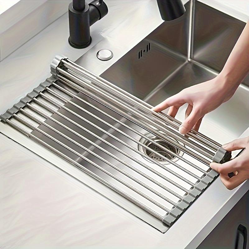 1 pc multifunctional kitchen sink roll-up style dishwashing rack, portable stainless steel rolling rack, sink rack mat