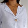 Women Shirt V-Neck Button Decor 3/4 Sleeve Pullover Tops Loose Fit Basic Neckline Solid Color Summer Shirt Tops