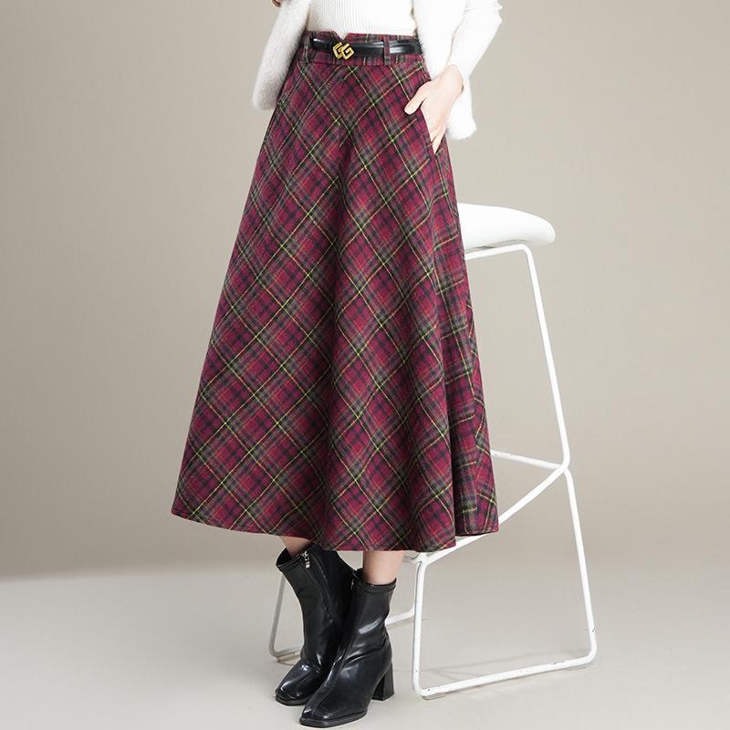 Woolen Plaid Pleated A-line Skirt - 2025 Winter Korean Style
