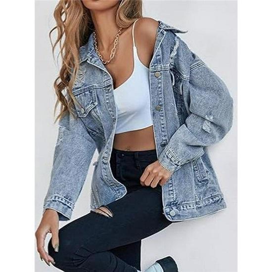 Giacca di jeans oversize strappata da donna stile boyfriend saldi