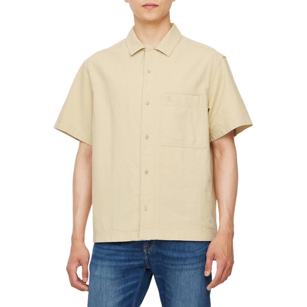 Calvin Klein Early Autumn Solid Color Textured Button Short Sleeve Shirt Men Shirts Light-Khaki J325603-RAE