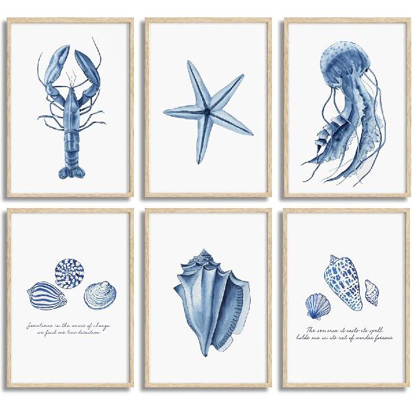 6 Pcs Blue Coastal Wall Art Watercolor Starfish Conch Jellyfish lobster Painting Cute Sea Life Poster Print for Modern Waterfront Themed Home