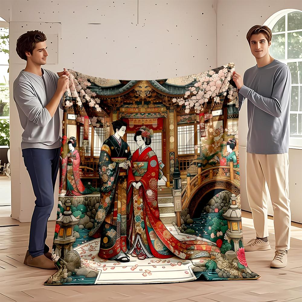Traditional Japanese Couple in Kimono Design Flannel blanket for bedroom, living room, sofa, and nap sofas