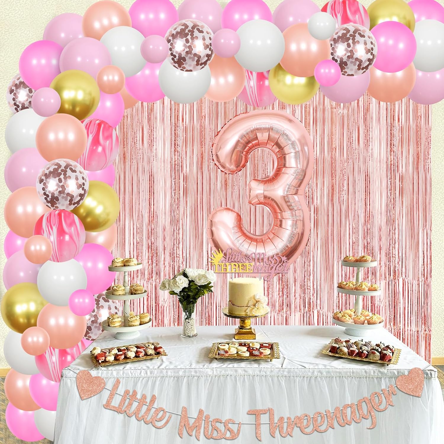 Rose Gold Little Miss Threenager 3rd Birthday Decorations for Girl - Crown Balloon Garland Arch Kit with Banner, Cake Topper, Foil Fringe Curtain,