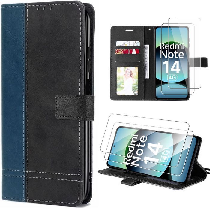 Coque + Verres TrempésPour Xiaomi Redmi Note 14 4G - Simili Cuir Bleu Marine - Antichocs - Béquille Réglable