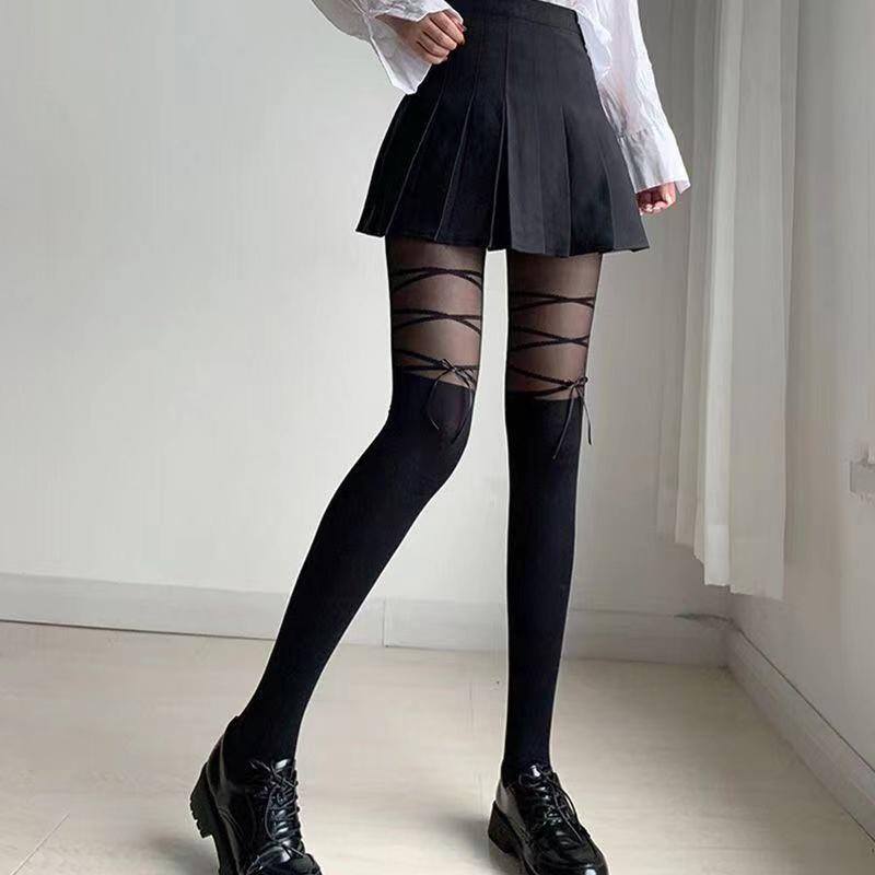 Thin Stockings Women Bowknot Straps Lolita Cute Pantyhose Girls Long Tights Socks Black White Sexy Lingeries for Woman