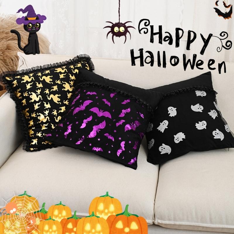 Decorative Mesh Cushion Cover Halloweens Theme Bat Specters Polyester Materials J0MC