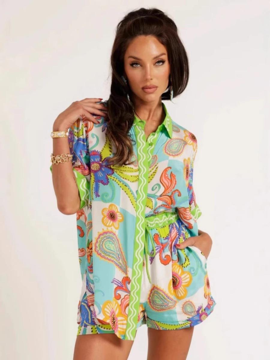 

Summer New Fashion Women s Two Piece Street Style Casual Versatile Printed Collar Shirt Elastic Waist Shorts Set 3XL