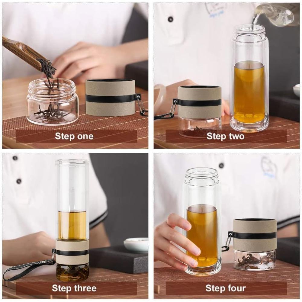 High Value Glass Tea Cup Leak-proof and High-temperature Resistant Double Layer Water Cup with Portable Carrying Rope 16 Ounces