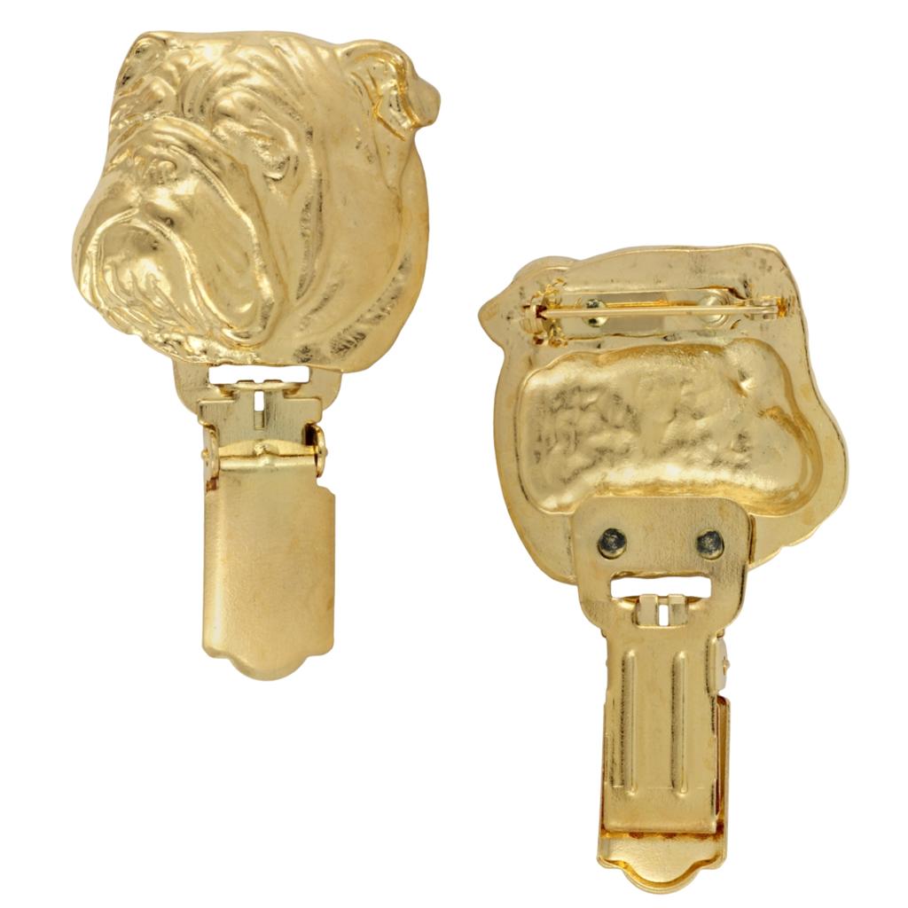 Bulldog, English Bulldog, British Bulldog – Brooch with a clip, gold-plated holder for a race number | Art-Dog