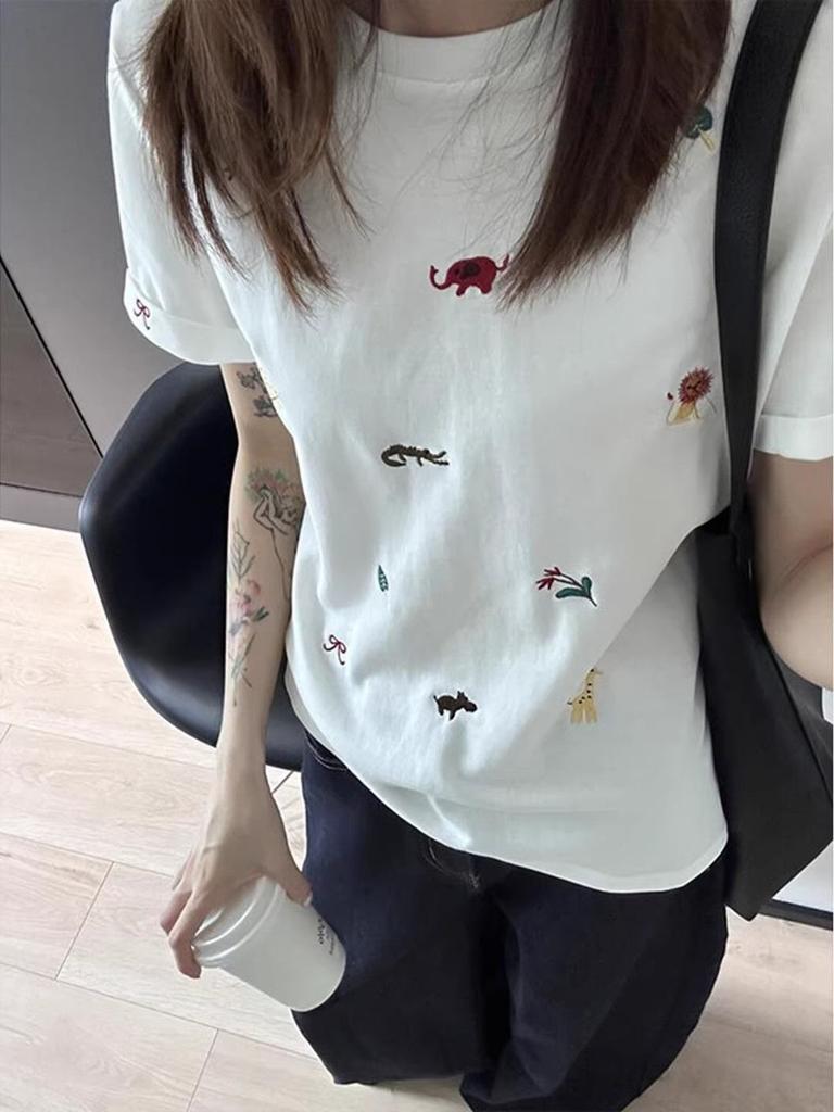 Cute Fun Animal Embroidery Crew Neck Front Shoulder Skinny Short Sleeve T-Shirt Women's Summer White Design Niche Top