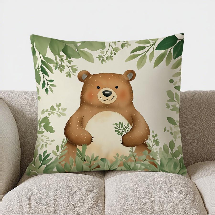 Home Decor Cute Bear With Green Leaves Pillow Cover Pattern Cushion Cover Suitable For Sofa Bedroom Car Pillow Cover
