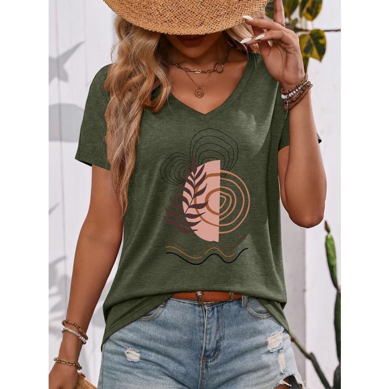 Bohemian Style Modern Abstract Nature Elements Illustration Pattern V-Neck Short Sleeve T-Shirt, Suitable for Outing And Leisure, Casual, Daily Wear