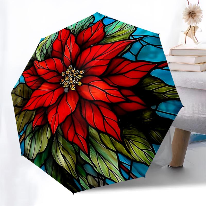 Stained Poinsettia Design Automatic Opening Folding Umbrella with 8-Bone Iron Frame for Outdoor Use, Festive Gift, Suitable for Fans, Travel