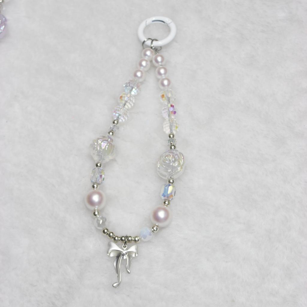 Phone Wrist Strap Short 26cm Flower Bow Accents Beaded Phone Bracelet Strap