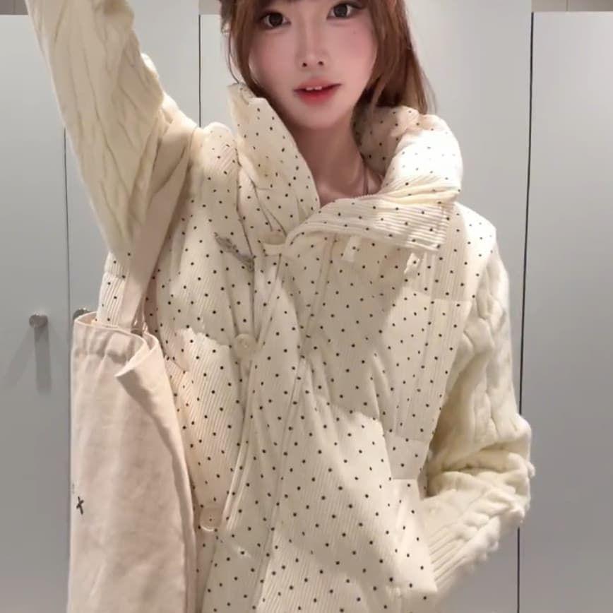 Cappotto Imbottito Caldo con Collo Alto Donna Inverno Design Coreano Dolce College Lavorato a Maglia Pois Giuntura Top Esterno