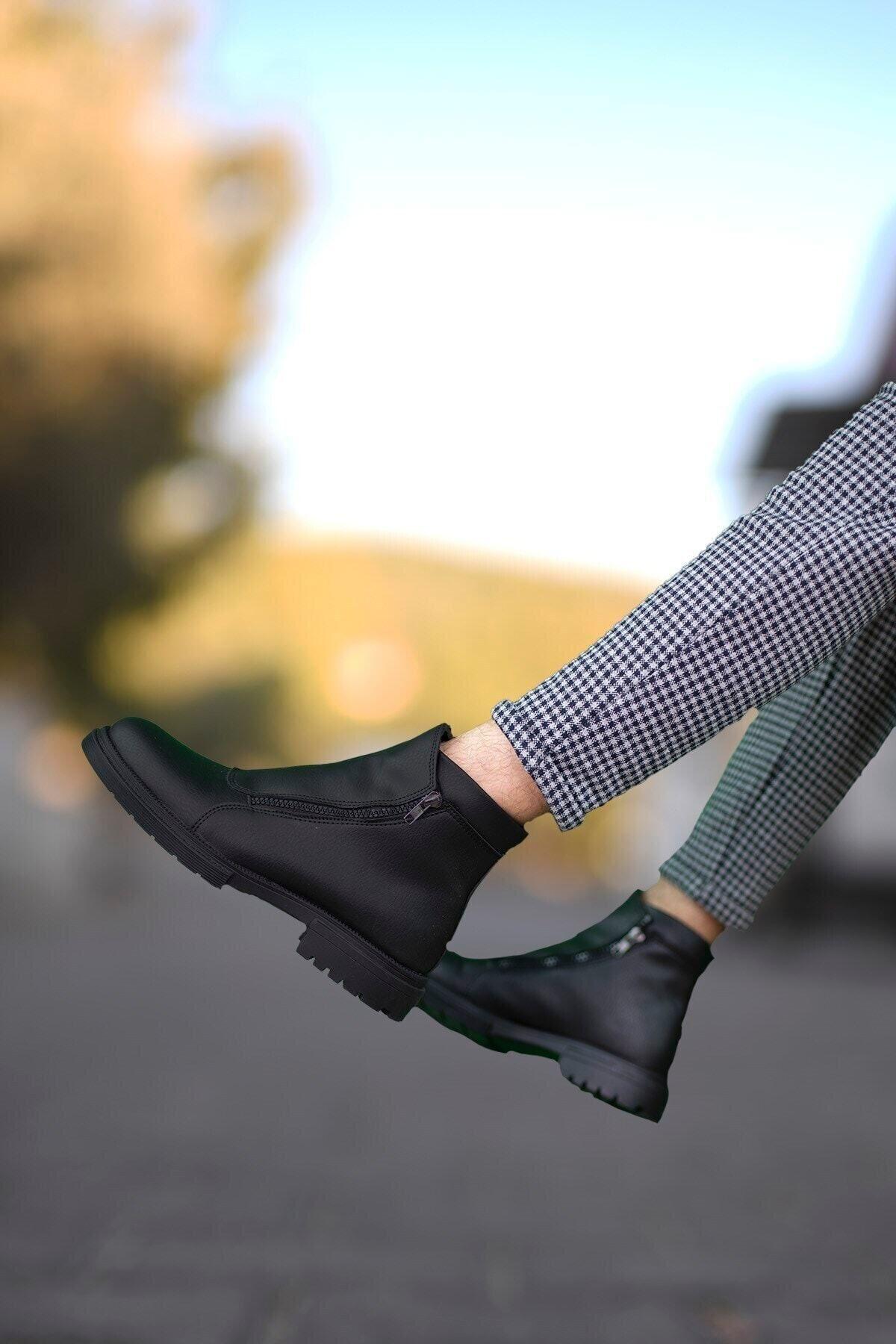 

Men s Fashion Faux Leather Flat Heeled Booties Black Double Zipper Boots Shoes 40