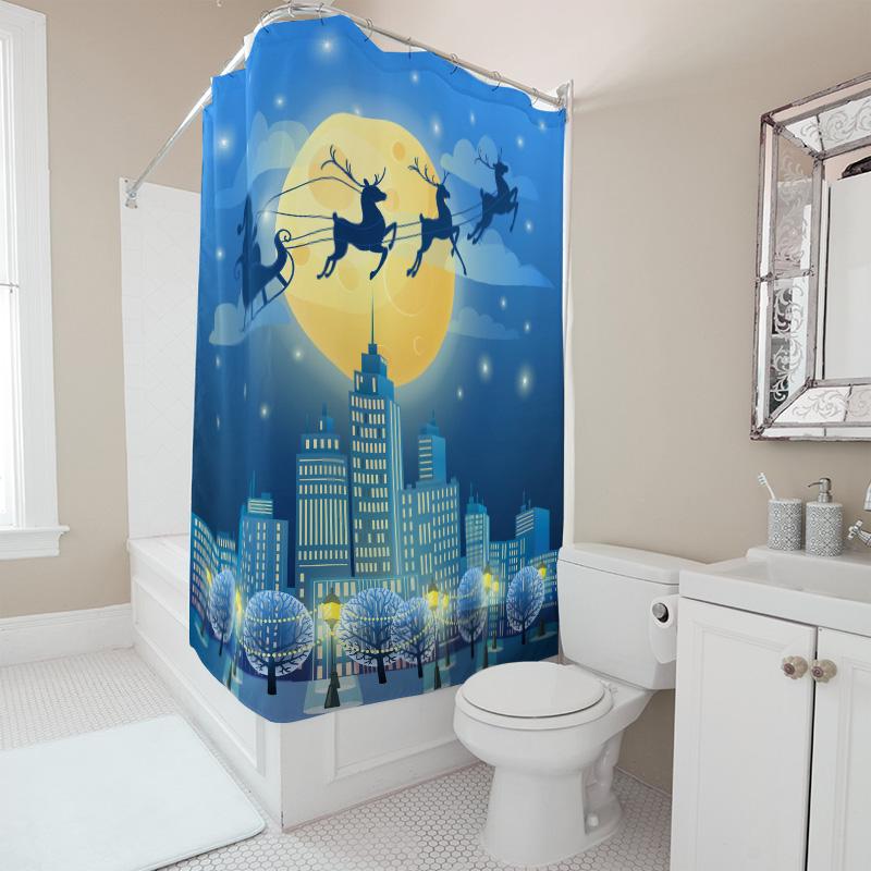 Tu Christmas Santa Claus Deer Reindeer Holiday Festive Shower Curtain Set Waterproof Bathroom Decor Modern Farmhouse Style Home