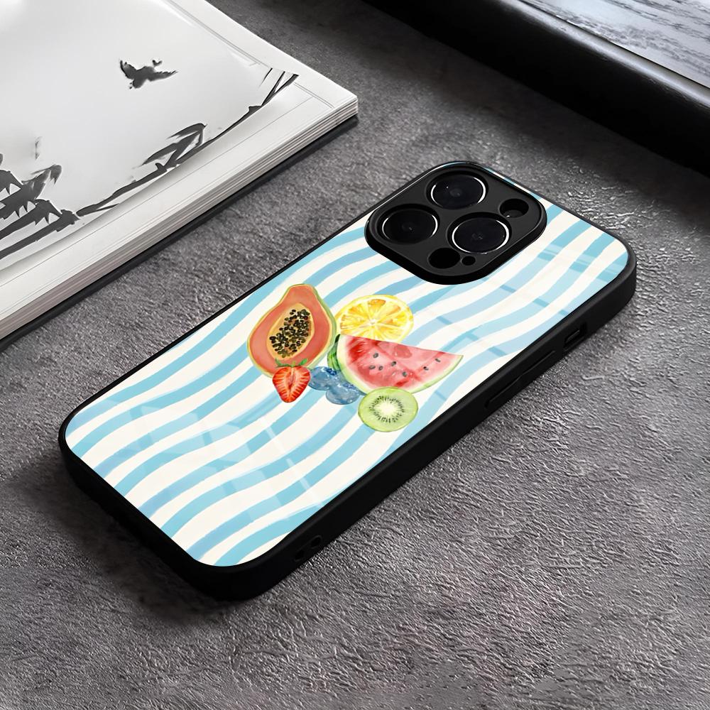 

Red Blue Stripe Fruits Lemon Cherry Phone Case For IPhone 17 15 Pro Max 12 16 14 Plus 11 13 Pro X XR XS 7 8 Plus SE Glass Cover iPhone15