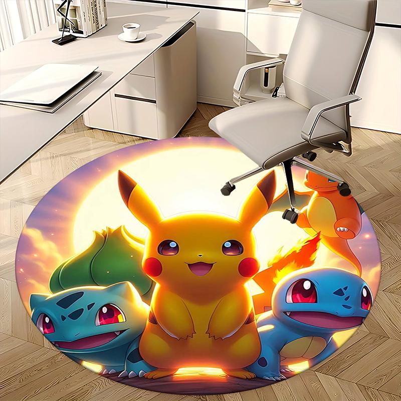 1pc Pikachu & Friends Pokémon Round Carpet - Anime Design Chair Mat, Non-Slip Rug for Office, Home Decor, Living Room