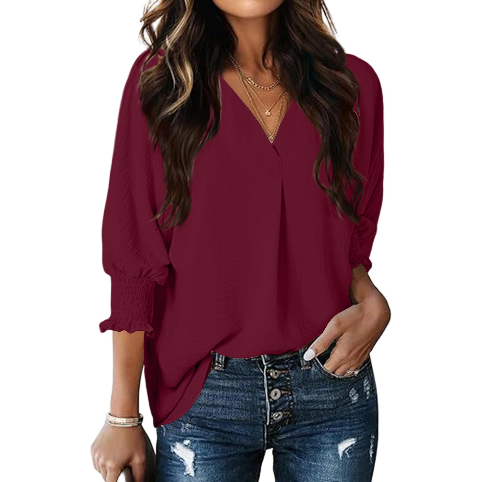 

Women s Fashion V-Neck Casual Solid Color Three-Quarter Sleeve Top S винний
