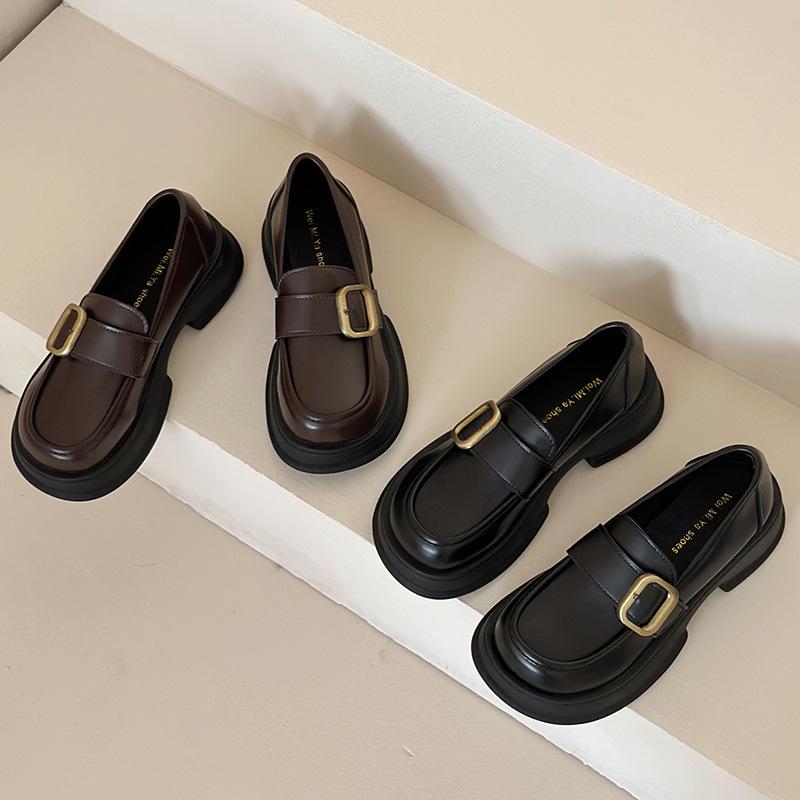 Round head British style brown platform small leather shoes women's 2025 new autumn versatile skirt thick heel loafer single shoes