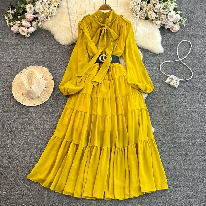 

Long Sleeves Dress Elegance Large Swing Bows Shoelace Yellow All yards