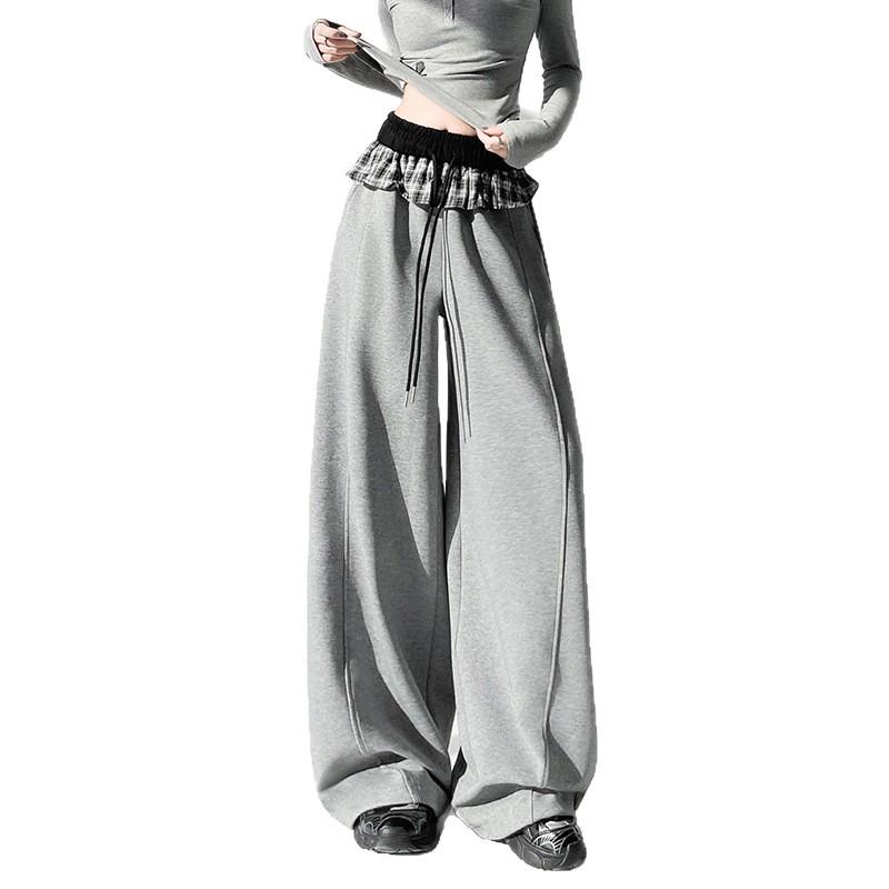 Plaid Patchwork Ruffle Women's Wide-Leg Sweatpants - Spring 2026 Hot Girl Style