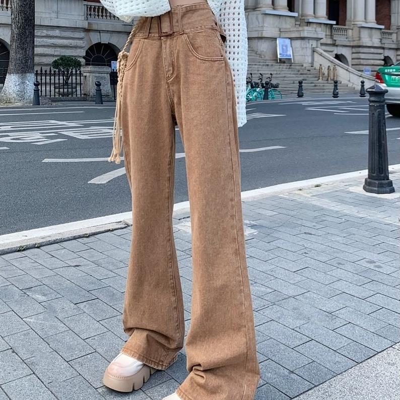 Módní džíny pro ženy Vintage Streetwear Vysoký pas Široké nohavice Kalhoty s páskem Stylové College Volné Ležérní kalhoty