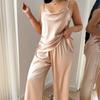 Women Sexy Large Size Two Piece Sleeveless Long Pants Imitation Silk Sleepwear Set European American Style