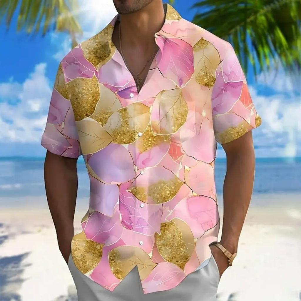 Men's Trendy Artistic Floral Print Short Sleeve Shirt, Casual Vacation Style Lapel Button-down Top, Perfect for Daily Outings & Beach Wear