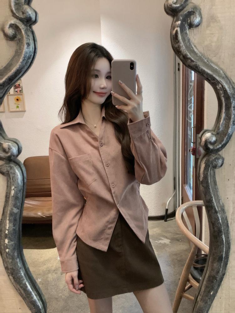 Autumn/Winter Korean Corduroy Tie-Up Lapel Shirt for Women - Elegant, Slimming, Chic, and Versatile Top