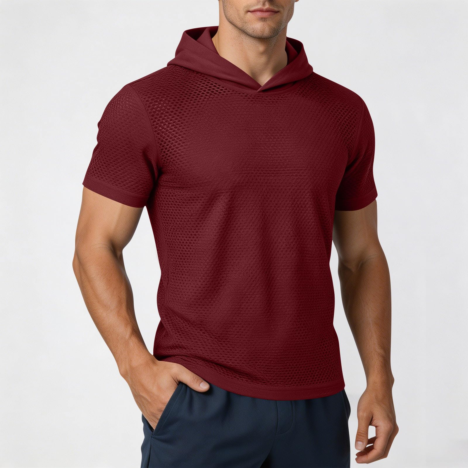 

Men s Fashion Solid Color Short Sleeve Hoodie Lightweight Breathable Mesh Fabric Casual Athletic Fitness T-Shirt Top XL винный