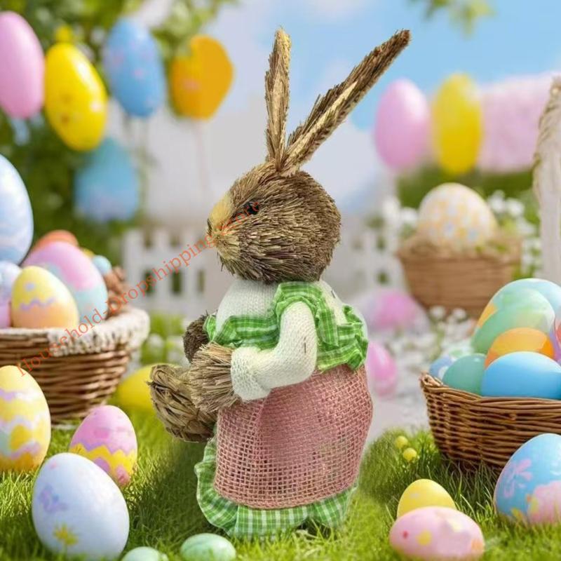 Easter Rabbit Figurine Decoration Handmade Natural Grass Woven Rabbit Ornament for Mantel Patios Festival Decoration