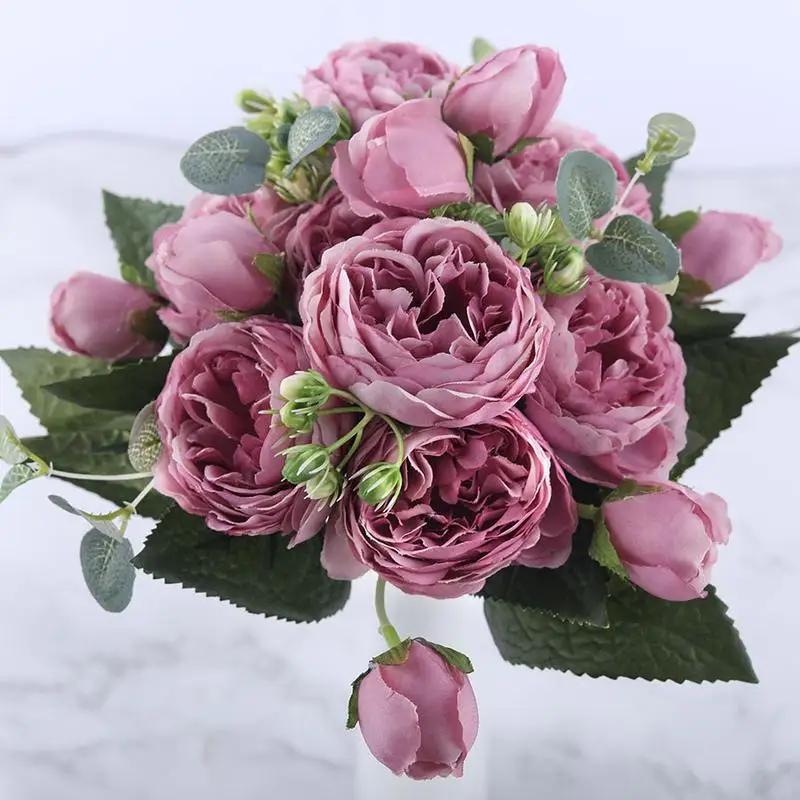 30cm Rose Pink Silk Peony Artificial Flowers Bouquet 5 Big Head Cheap Fake Wedding Decorate