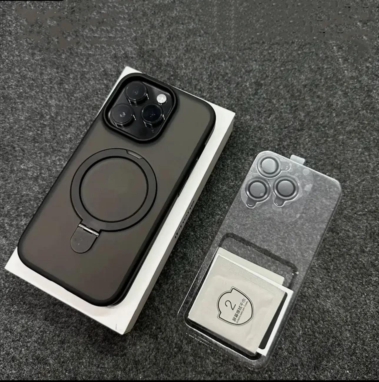 

Чехол-подставка с металлическим кольцом и магнитным матовым покрытием для iPhone 15 14 13 12 11 Pro Max Plus 15Pro i15 Magsafe с защитой объектива Mac Safe Cover For iPhone 14 Pro чёрный