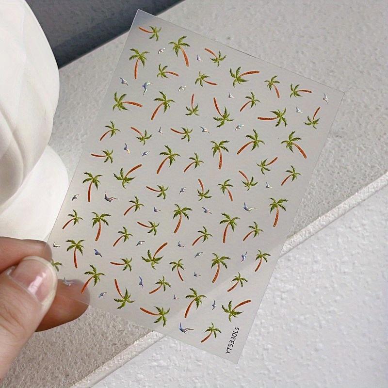 Tropical Beach Vacation Nail Art Stickers - Sparkling Coconut Trees & Seagulls, Reusable Plastic Decals for Manicures, Self-Adhesive Nail Art Decals