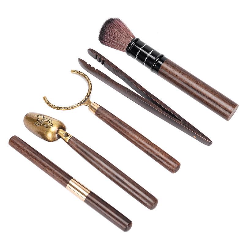 Ebony Wood Tea Ceremony Set: 5-Piece Brewing Kit with Tea Needle, Clip, Knife, Spoon, Cup Pin, and Brush.