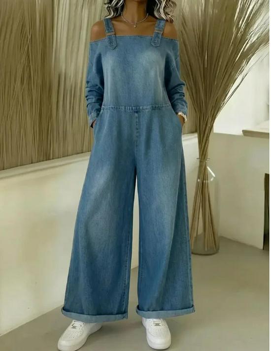 

2026 Women s Imitation Denim Long Sleeve Casual Jumpsuit with Pockets XL