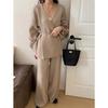 Autumn and Winter V-neck Lazy Wind Set Sweater Women's New Casual Wide-leg Pants Lace-up Knitted Cardigan Two-piece Set